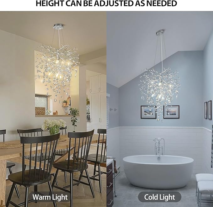 Silver Crystal Tree Branches Chandelier,21 Inchs 6 Lights Modern Round K9 Crystal Chandeliers for Dining Room, Bedroom, Living Room, Foyer,Kitchen Island,Bathroom-Ruum Studio Home