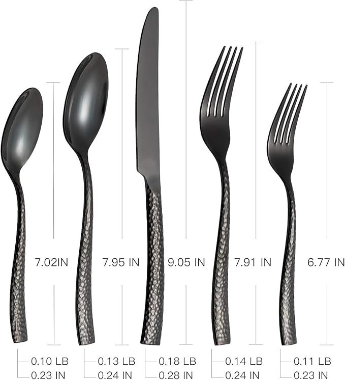 Silverware 45-Piece Black Hammered Flatware Set with Serving Utensils Stainless Steel Thick Handle Mirror Polished Cutlery Set for Wedding Hotel Restaurant, Service for 8-Ruum Studio Home