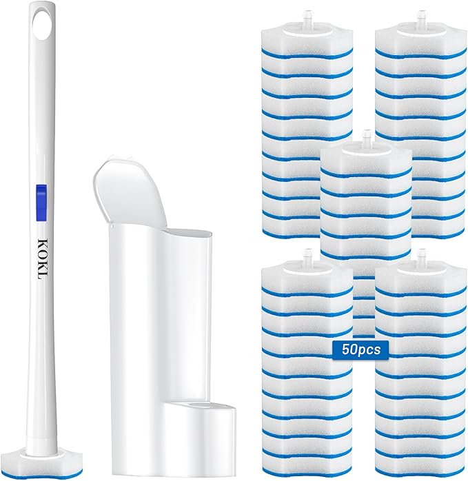 KOKL Disposable Toilet Brush, Toilet Bowl Cleaner Brush with 50PCS Toilet Brush Refills, Toilet Cleaner Refill Pads, Disposable Toilet Bowl Brush and Storage Caddy for Bathroom Cleaning(1-Set)-Ruum Studio Home