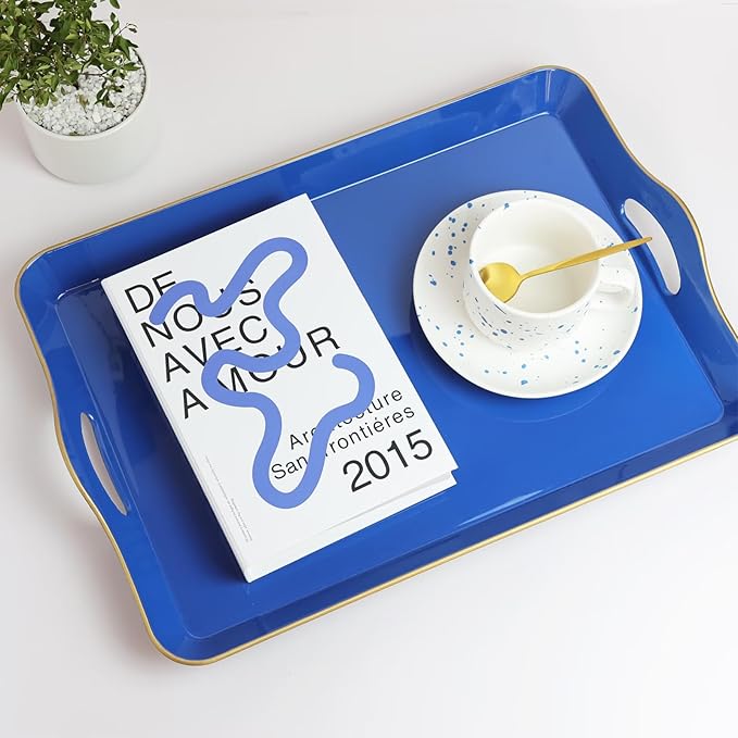 Spsyrine Large Blue Serving Tray with Handles, Plastic Decorative Tray for Coffee Table, Ottoman, Bathroom, Home Decor 17.3"*11.8"*2"-Ruum Studio Home