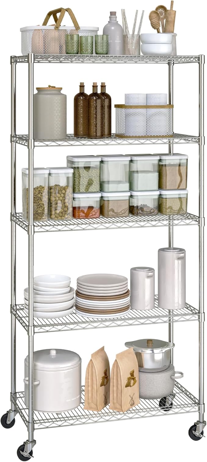 Seville Classics UltraDurable Heavy Duty NSF Solid Steel Wire Rack Storage Unit, Organizer for Garage, Warehouse, Office, Restaurant, Classroom, Kitchen, Silver, 5-Tier Shelving, 36" W x 14" D-Ruum Studio Home