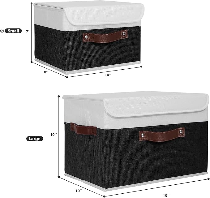 ANMINY Storage Boxes with Lids Washable Decorative Storage Bins Basket with PU Leather Handle Foldable Linen Fabric Storage Cubes Containers for Home Closet Organizer - Black White, Small Size-Ruum Studio Home