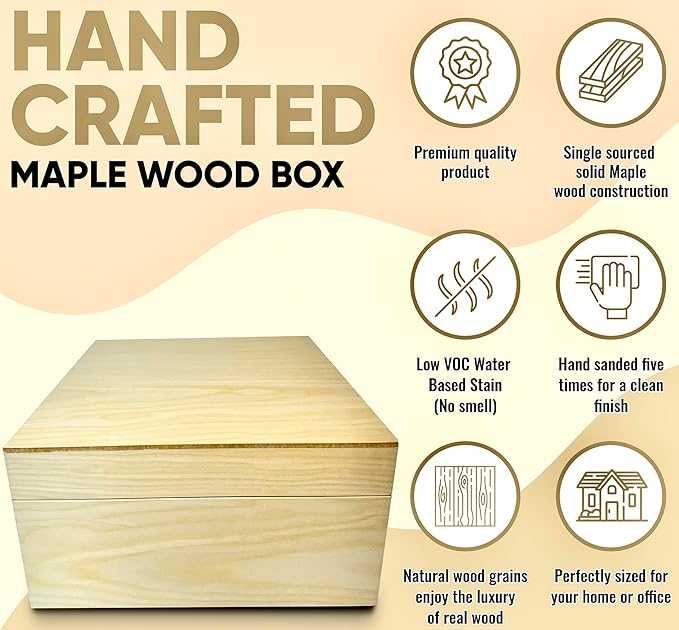 Blake & Lake Wooden Box with Hinged Lid - Solid Maple Wood Eco Box - Wood Storage Box with Lid - Wooden Keepsake Box - Decorative wooden boxes with lids (Maple)-Ruum Studio Home
