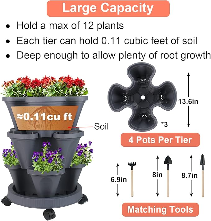 Vertical Planter 3 Tier Stackable Planters Garden Planters Strawberry Herb Flower and Vegetable Planter Indoor Outdoor Gardening Pots with Removable Wheels and Tools-Ruum Studio Home