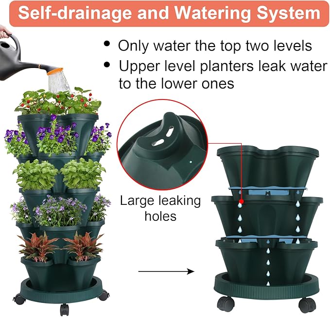 Vertical Planter 5 Tier Stackable Planters Garden Planters Strawberry Herb Flower and Vegetable Planter Indoor Outdoor Gardening Pots with Removable Wheels and Tools 2-Pack-Ruum Studio Home