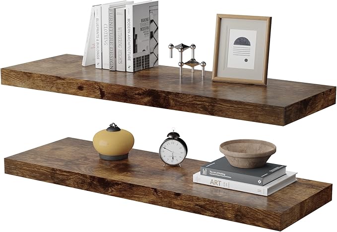 Large Floating Shelves for Wall Set of 2 Wooden Wall Shelves 24 in x 12.75 in x 2 in Room Decor Long Shelf with Invisible Wall Mount Bracket for Bedroom Kitchen Living Room Rustic Brown-Ruum Studio Home