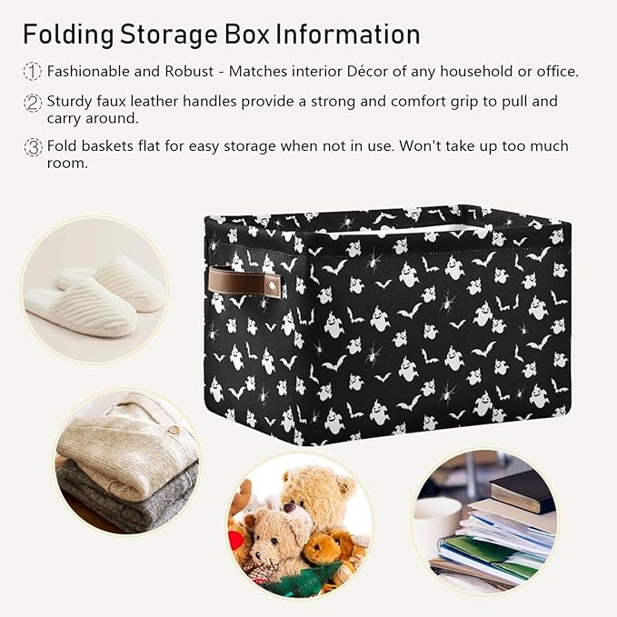 Storage Basket Bin Halloween Ghost and Bat Organizer Basket Collapsible Shelf Basket Cube with handle for Nursery Bedroom Bathroom (white 26)-Ruum Studio Home