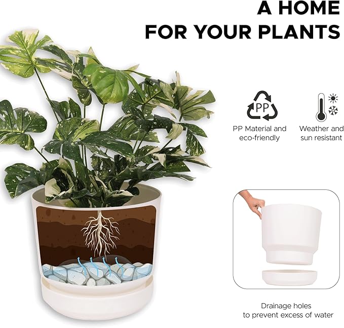 Elly Décor 10 inch Plastic Cylinder Planter Pot with Self-Watering Saucer and Drainage Hole,Lightweight & Extremely Durable, 10"x 10", White-Ruum Studio Home
