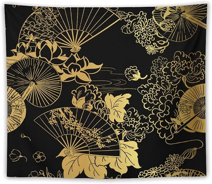 HZOHNAGO Japanese Tapestry Gold Flowers Umbrella Fan Pattern Printed Wall Tapestry Painting Wall Hanging for Bedroom Living Room Dorm 60" W x 50" H-Ruum Studio Home