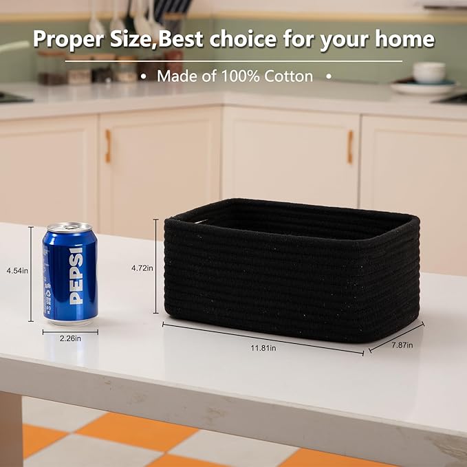 4 Pack Small Storage Shelf Baskets for Organizing, Mini Woven Rope Storage Bins for Towels, Cute Decorative Closet Organizer，Baby Nursery, Gift Empty Baskets -11.81''Lx7.87''Wx4.72''H-Black-Ruum Studio Home