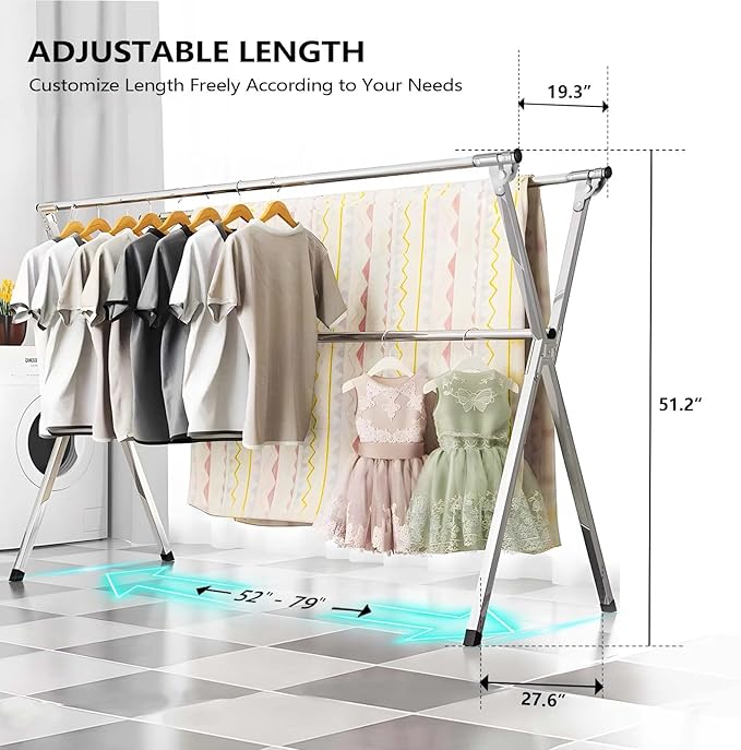URYAN 79 Inches Stainless Steel Clothes Drying Rack, Heavy Duty Laundry Drying Rack Folding Indoor Outdoor, Portable Drying Rack Clothing, Free-Standing Laundry Stand with 20 Windproof Hooks-Ruum Studio Home