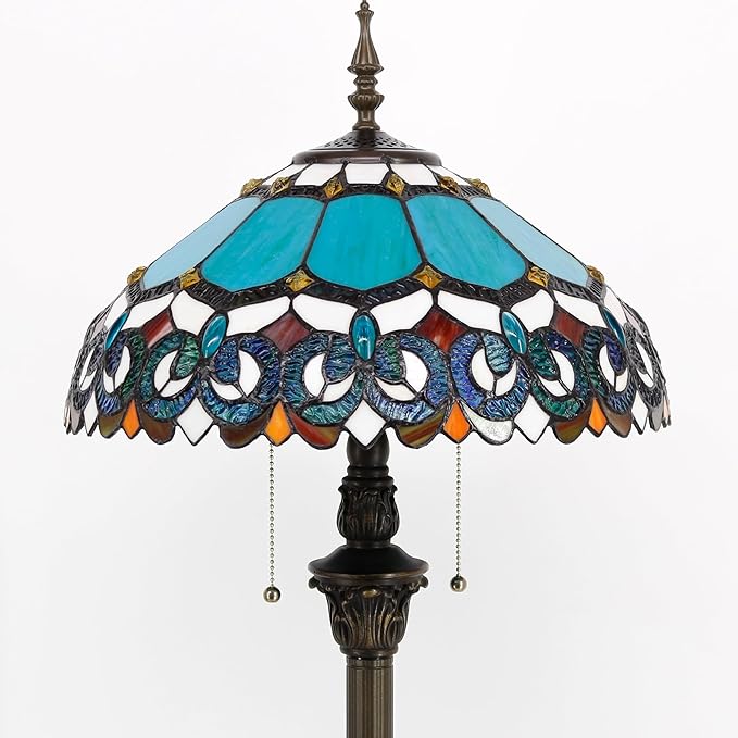Tiffany Floor Lamp Stained Glass Lamp Standing Reading Light 16x16x70 Inch for Living Room (Blue Jewelry Baroque Style)-Ruum Studio Home