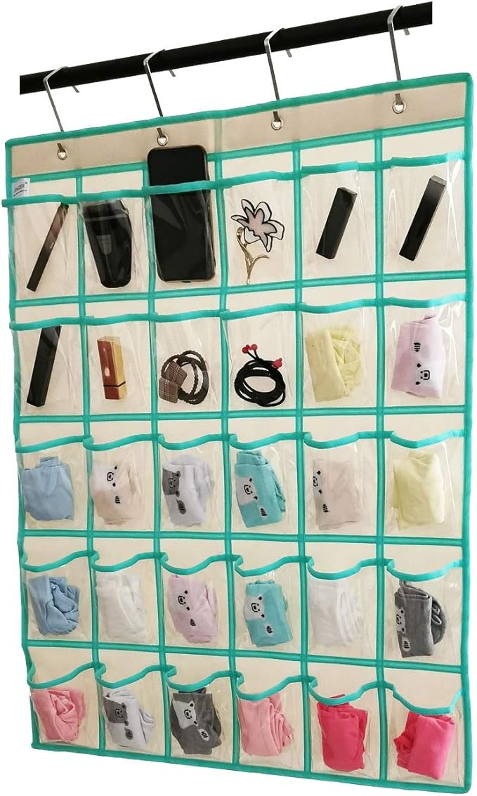 Classroom Pocket Chart for Phone Calculator Holder Over The Door Hanging Closet Jewelry Organizer with 30 Clear Pockets (BEIGE)-Ruum Studio Home