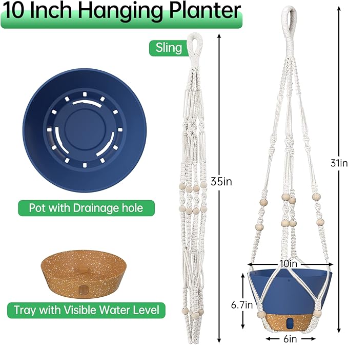 ZMTECH 2 Pack 10 Inch Blue Hanging Planters with Macrame Plant Hanger for Indoor and Outdoor Plants, Self Watering, Drainage Hole, Visible Level Tray-Ruum Studio Home