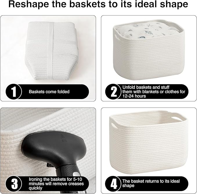 Storage Baskets for Organizing & Shelves, Woven Cotton Rope Organization Bins for Dog Toys, Clothes, Books, Nursery Organizer, 15" Lx11''Wx9.5''H, (4 Packs) Off White-Ruum Studio Home