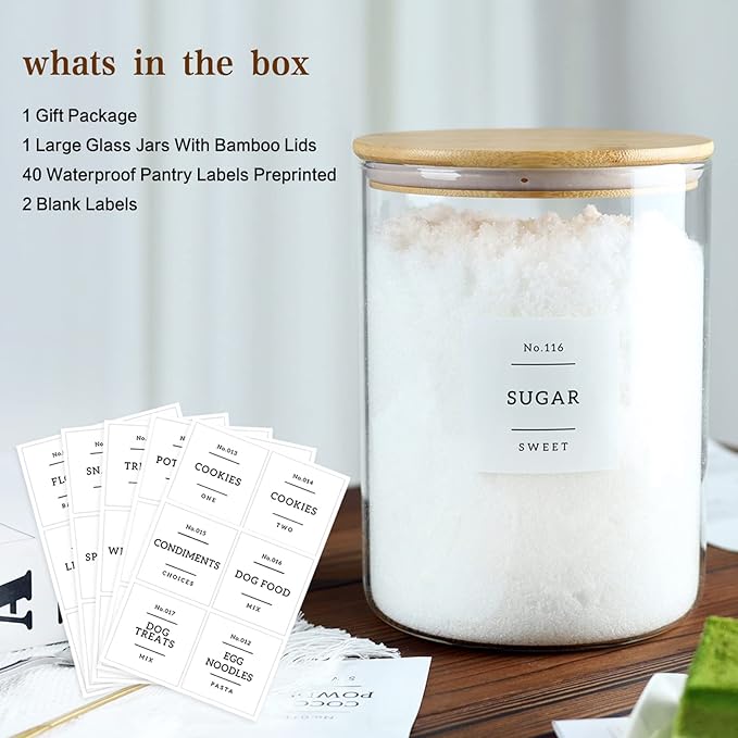 Large Glass Flour and Sugar Containers Jars with Bamboo Airtight Lid - 100 Fl Oz (3000ml) with Kitchen 42 Pantry Labels for Dry Food, Flour, Pasta, Cereal-Ruum Studio Home