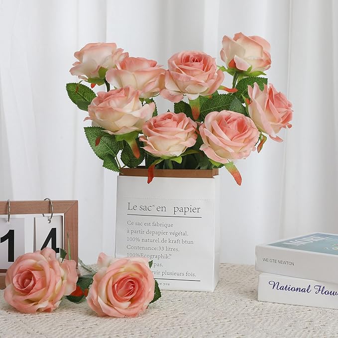 Pink Fake Roses Artificial Flowers - 10 Pcs Fake Artificial Roses Silk Flowers with Stems for Home Wedding Hotel Office Centerpiece Decor（Gradient Pink）-Ruum Studio Home