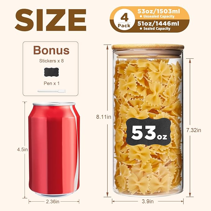 53oz Glass Food Storage Jars, Glass Jars with Bamboo Lids, Kitchen Storage Jars, Set of 4, Canisters with Airtight Lids for Spice, Coffee, Cookie, Pantry Organizers-Ruum Studio Home