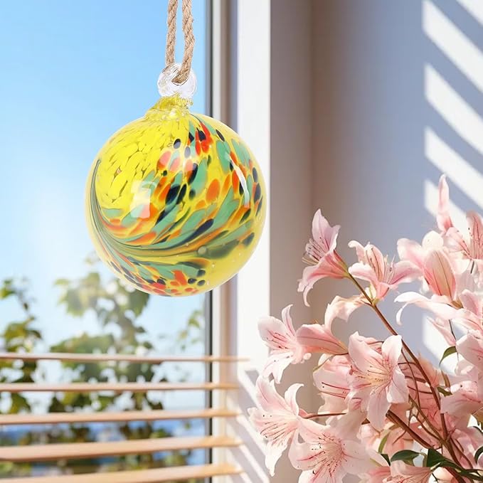 VCUTEKA Hanging Garden Gazing Ball, Hand-Blown Glass Witch Ball for Outdoor Garden Décor, 6" Yellow Swirl-Ruum Studio Home