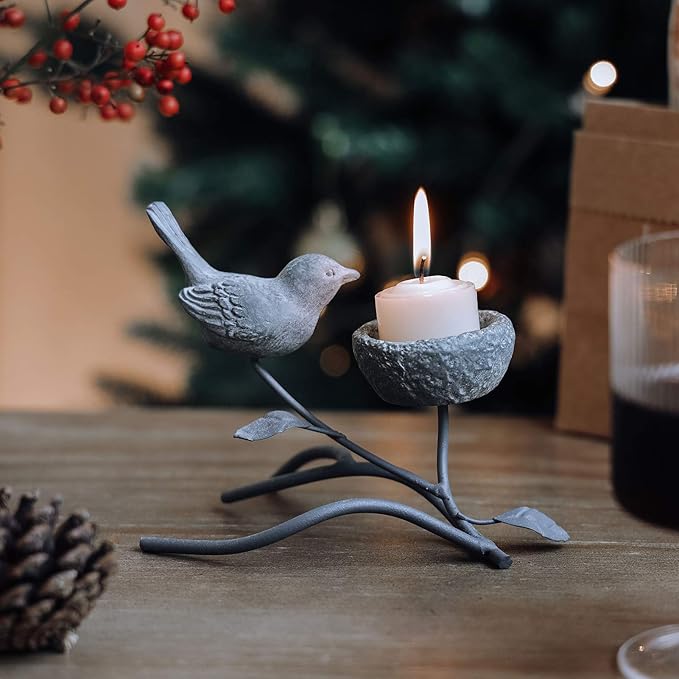 Marbrasse Votive Candle Holders, Vintage Home Decor Centerpiece, Iron Branches, Resin Bird and Nest, Tabletop Decorative TeaLight Candle Stands,Creative Artwork (Grey Black)-Ruum Studio Home