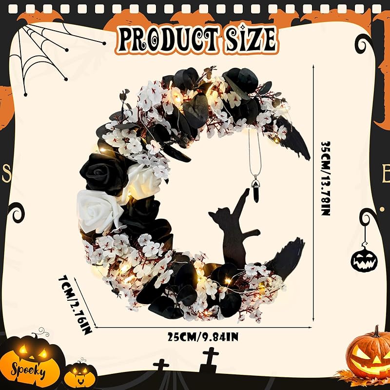 Halloween Wreaths for Front Door with Light, Black Cat Crescent Moon Wreath, Cute Cat Garland Halloween Door Decorations for Outdoor Indoor Decor Wall Window Home Party-Ruum Studio Home