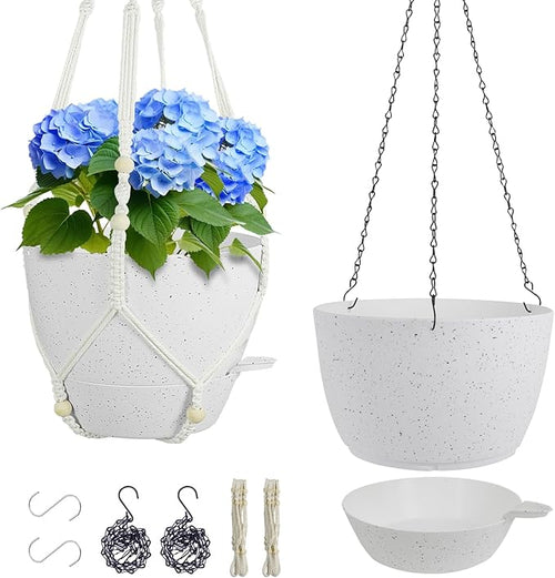 10 inch Self Watering Hanging Planters, 2 Pack Hanging Baskets for Indoor Outdoor Plants, Hanging Flower Pots with Drainage Holes and 2 Kinds of Plant Hangers for Garden Decor, Speckled White-Ruum Studio Home