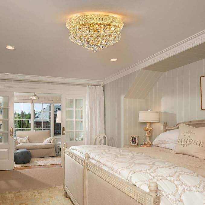 7-Light Crystal Flush Mount Chandelier Ceiling Light Fixture for Living Room Dining Room Bedroom Foyer Entryway Hallway Closet Bathroom (Gold D18)-Ruum Studio Home