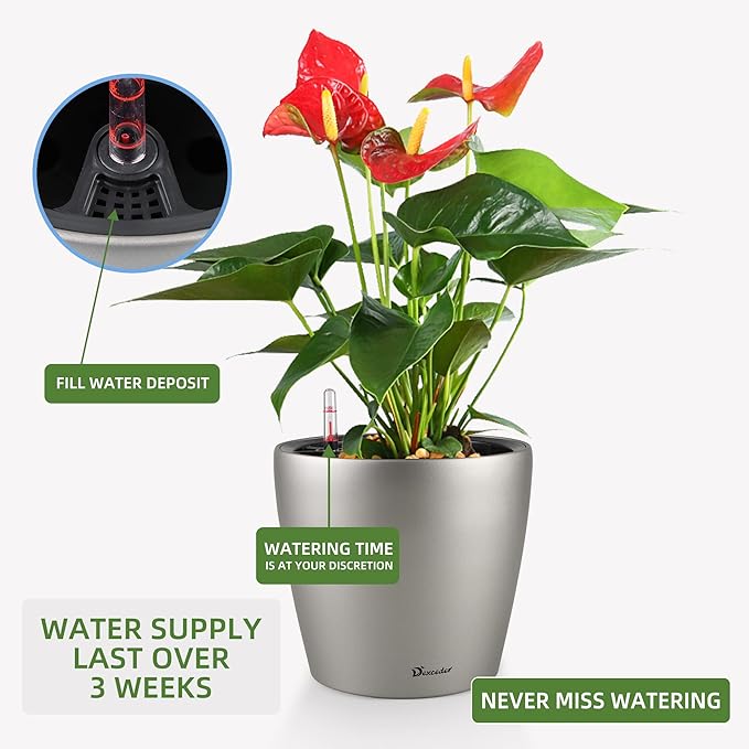 Dexceder 9x8 Inches Self Watering Planter Metallic Matte Indoor Outdoor, Inner Pot Design, Thickened Table Flower Plant Pot with Water Level Indicator (Smoky Gray)-Ruum Studio Home