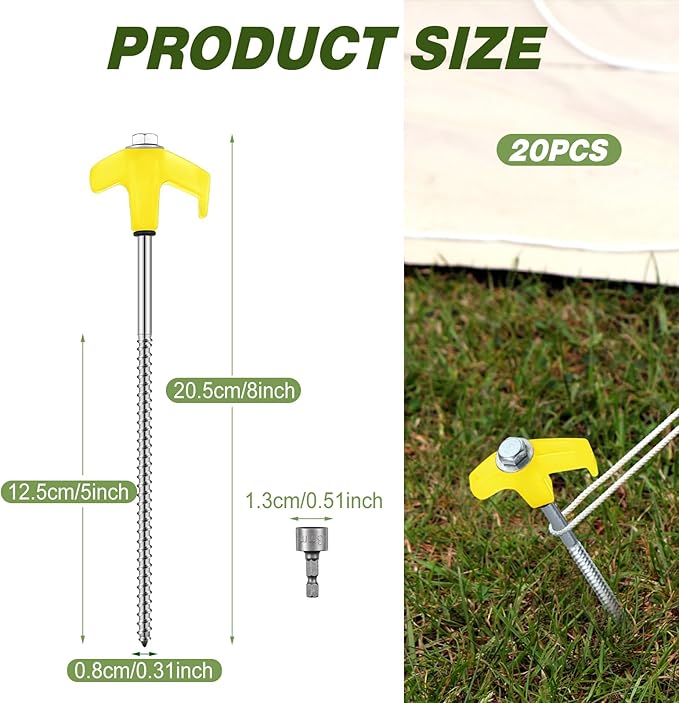 Hicarer 20 Pcs 20 Pcs 8'' Screw in Tent Stakes Heavy Duty Ground Metal Stakes for Inflatables with Hex Head Driver for Outdoor Camping Tent Inflatable Garden Decor (Yellow)-Ruum Studio Home