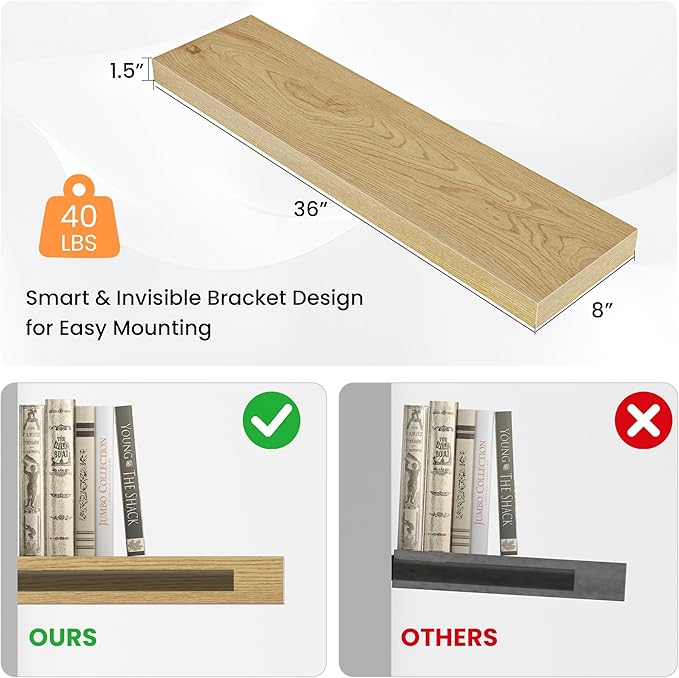 Floating Shelves for Wall, 36" W x 8" D x 1.5" H, Wooden Wall Mounted Display Shelves with Invisible Brackets for Living Room, Bedroom, Bathroom, Kitchen Decor and Storage, Set of 2, Oak-Ruum Studio Home