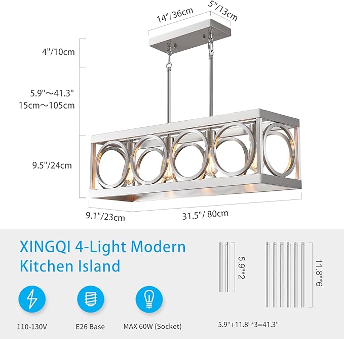 XINGQI Linear Chandelier Brushed Nickel Kitchen Island Light Fixtures 31.5" Rectangle Dining Room Chandeliers, Farmhouse Hanging Large 4-Light Rustic Metal Living Room Office Pendant Lighting-Ruum Studio Home