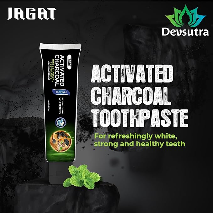 Jagat Activated Charcoal Toothpaste, Teeth Whitening Mint Flavor Toothpaste, Fluoride Free Natural, Removes Plaque, No Artificial Colors, BPA Free, Gum Cure, Vegan - Pack of 3 (4.4 OZ X 3 Tubes)-Ruum Studio Home
