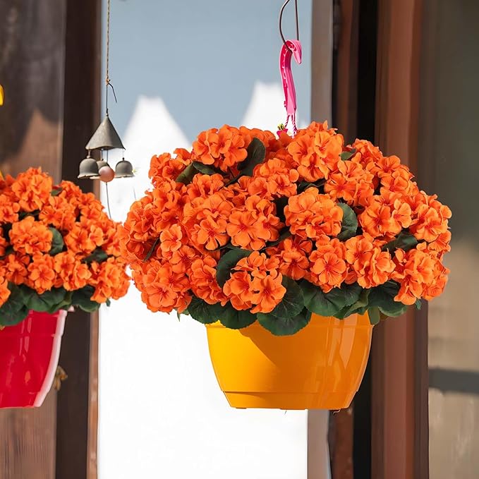Hananona 12 Pcs Artificial Geranium Flowers for Outdoors Orange Silk Geranium Flowers Outdoor UV Resistant Plants Faux Fall Flower for Home Kitchen Autumn Table Centerpieces Decor (12, Orange)-Ruum Studio Home