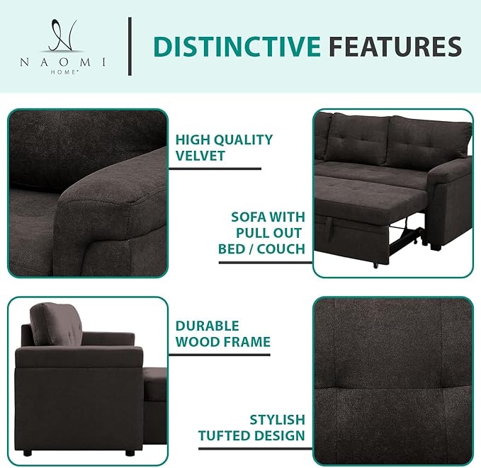 Naomi Home L-Shaped Reversible Sectional Sofa with Pull-Out Sleeper Bed and Storage Chaise, Espresso Velvet-Ruum Studio Home