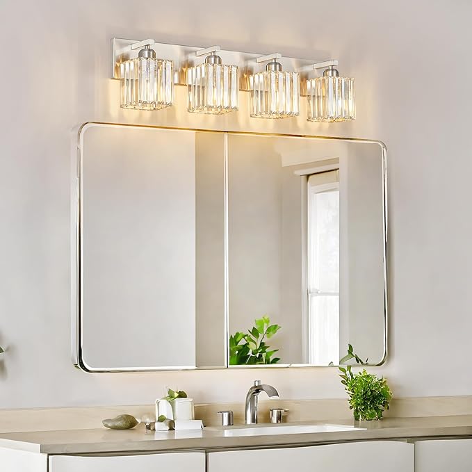 Modern Vanity Light 4-Lights Brushed Nickel Vanity Light Crystal Bathroom Wall Light Bathroom Light Fixtures-Ruum Studio Home