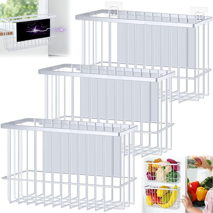 3 Pcs Magnetic or Adhesive Refrigerator Organizer Magnetic Baskets Kitchen Holder for Refrigerator Metal Shelf Rack Storage with 2 Types of Installation(White)-Ruum Studio Home