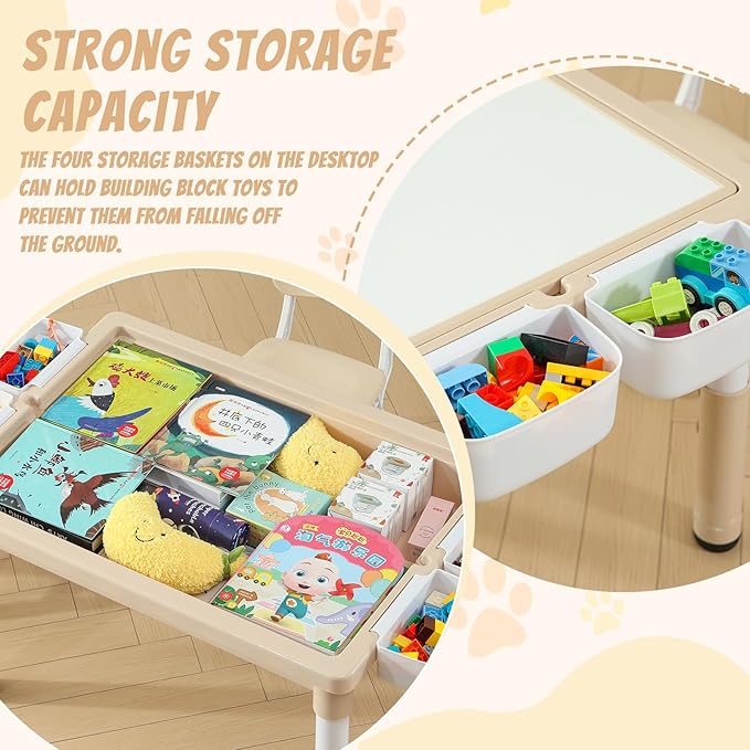 Multi Functional Kids Table and 2 Chairs Set, Graffiti & Building Blocks Double-Sided Tabletop, Toddler Play Table with Drawers, Large Storage Space, Gift for Boys/Girls, Burlywood-Ruum Studio Home