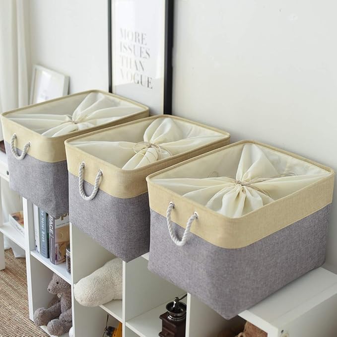 TheWarmHome Storage Bins Baskets for Organizing - Extra Jumbo 3 Pack 20.5Lx15.7Wx13.8H Sturdy Fabric Storage Basket for Shelves, Decorative Foldable Closet Nursery Toy (Gold&Grey)-Ruum Studio Home