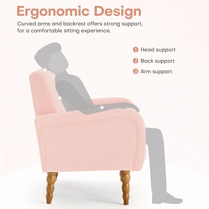 Chenille Fabric Accent Chair, Upholstered Armchair with Solid Wood Legs, Modern Living Room Accent Chair, Comfy Single Sofa Chair Reading Club Chair for Bedroom Reception Lounge, Pink-Ruum Studio Home