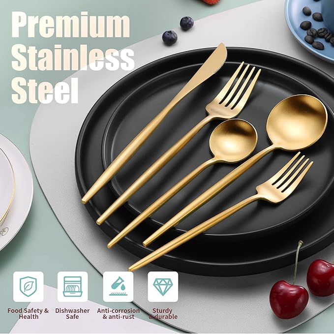 Matte Gold Silverware Set for 4,Modern Stainless Steel Brushed Cutlery Set,20-Pieces Heavy Duty Flatware Set,Knives Spoons and Forks Set Utensils Set, Satin Finish, Dishwasher Safe-Ruum Studio Home