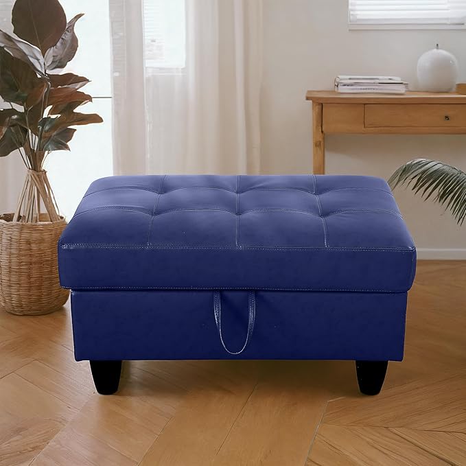 Ottoman Rectangular Storage Ottoman Bench, Faux Leather Footrest, Coffee Table, Stool Footstool with Hinged Lid for Living Room, Bedroom, Entryway, Blue, 35"x23.5"x17.5"-Ruum Studio Home