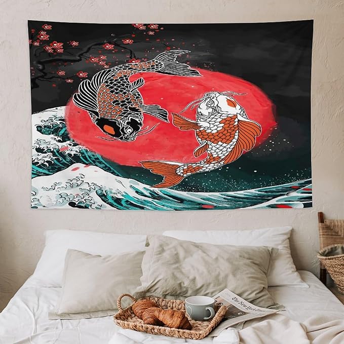 Houselerax Koi Fish Tapestries,Japanese Style Yin Yang Big Wave Cherry Blossoms Tapestry Wall Hanging for Bedroom Living Room Office Decor 60"x40"-Ruum Studio Home