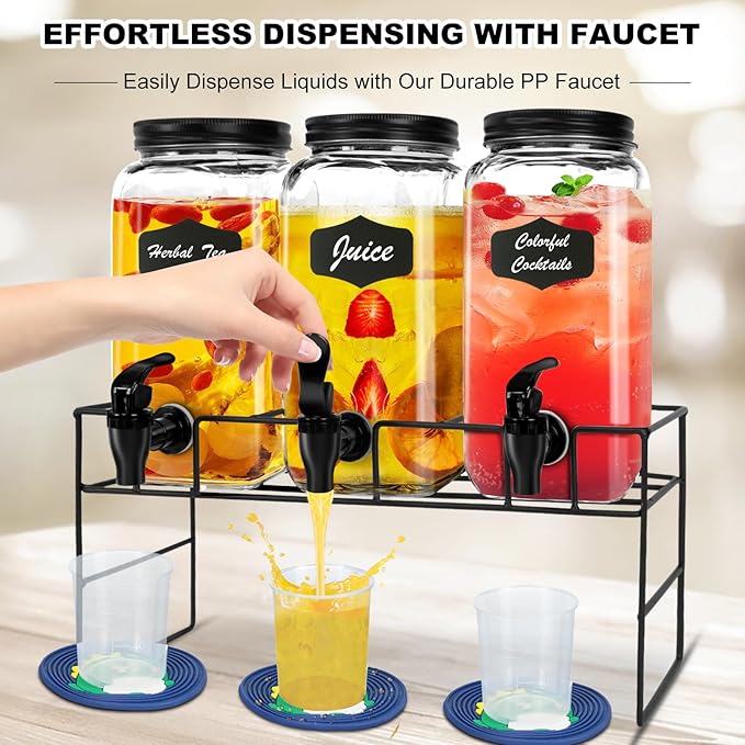 3-Pack 2.2L Glass Laundry Detergent Dispenser Set with Stand - Premium Liquid Soap Dispenser with PP Spigots, Measuring Cups, and Chalkboard Labels for Laundry Room Organization and Storage-Ruum Studio Home