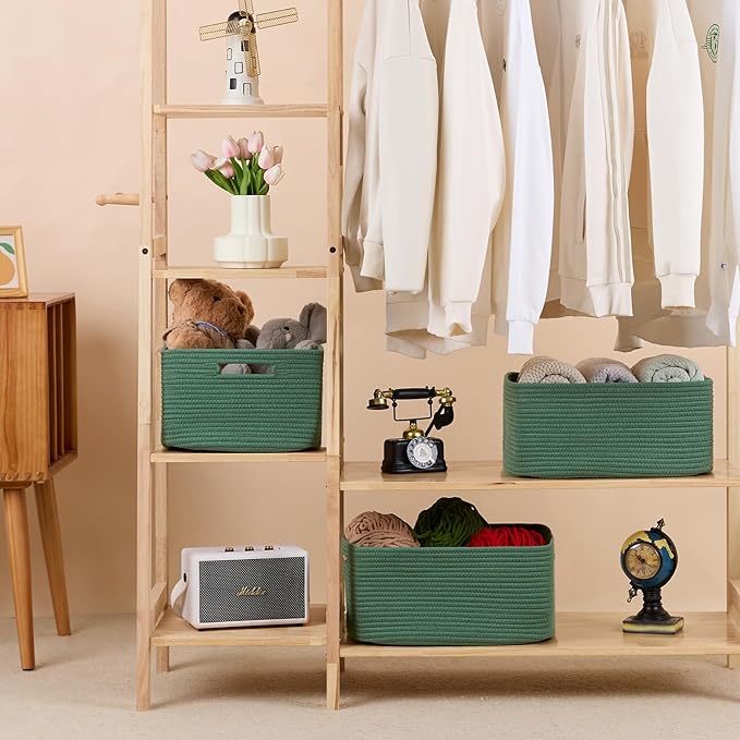 Large Storage Baskets for Shelves, Closet Organizers Bins for Clothes Blanket Towels, Baby Nursery, Toy Baskets Box, Woven Rope Baskets, 17 x 13 x 7.5”, 2 Packs Green-Ruum Studio Home