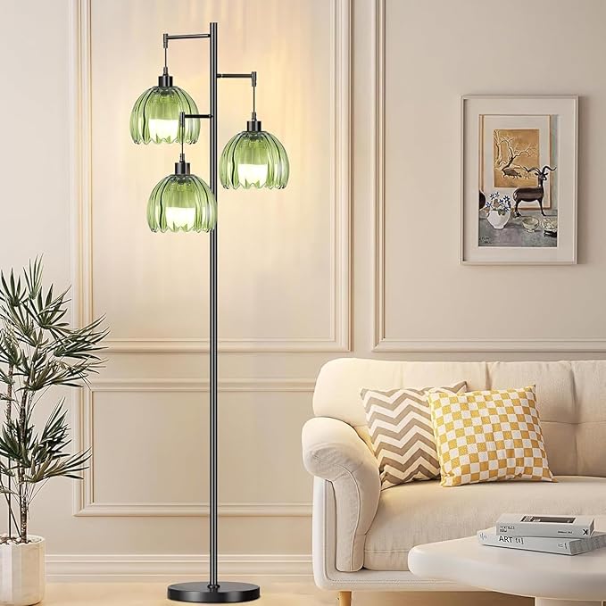Glass Gold Floor Lamp for Living Room,Bedroom,Mid Century Modern Standing Lamp Brass Tree 3 Light Tall Floor Lamps Vintage Retro Floor Lights Green Flower Lamp Shade Farmhouse Boho Bohemian-Ruum Studio Home