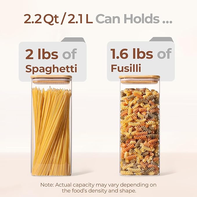 ComSaf 2.2 Qt Rectangle Glass Storage Containers with Lids, Glass Jars with Bamboo Lids, Clear Food Storage Jar, Tall Spaghetti Container, Pantry Storage Container for Pasta Flour Oats Nuts Rice-Ruum Studio Home