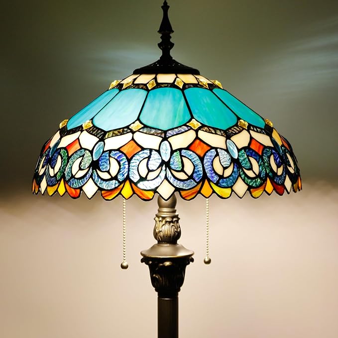 Tiffany Floor Lamp Stained Glass Lamp Standing Reading Light 16x16x70 Inch for Living Room (Blue Jewelry Baroque Style)-Ruum Studio Home