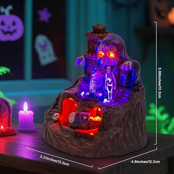 innodept12 Animated Halloween Small Village House - Moving Train and Skull Ghosts Tombstones Figurines with Pre-Lit Spooky Voice, Battery Operated, Not Including-Ruum Studio Home