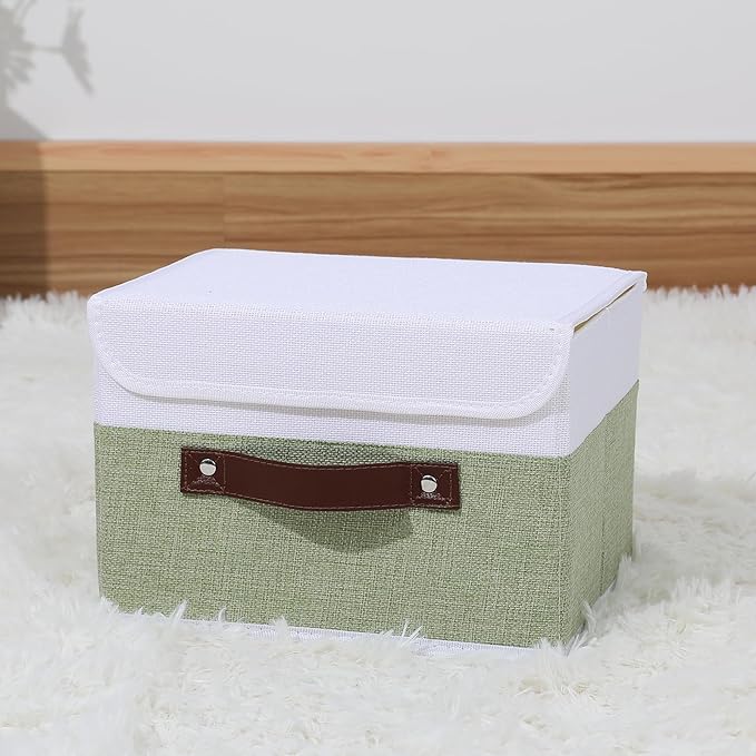 ANMINY Storage Boxes with Lids Washable Decorative Storage Bins Basket with PU Leather Handle Foldable Linen Fabric Storage Cubes Containers for Home Closet Organizer - Green White, Small Size-Ruum Studio Home