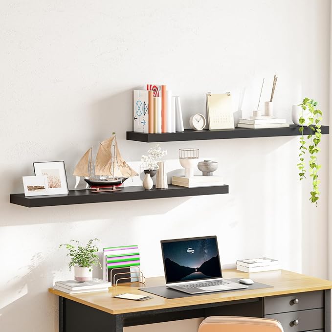 HOOBRO Floating Shelves for Wall, Wall Mounted Shelf Set of 2, 47.2" Hanging Shelf with Invisible Brackets, for Wall in Bathroom, Bedroom, Toilet, Kitchen, Living Room, Office, Black BK120BJP201-Ruum Studio Home